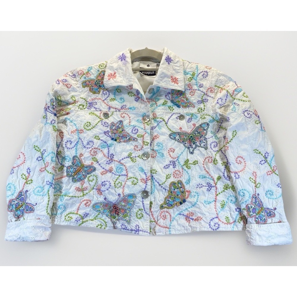 White Embroidered Butterfly Jean Jacket